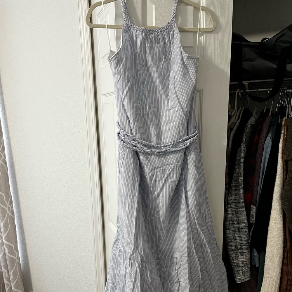 White and blue flowy dress with braided belt